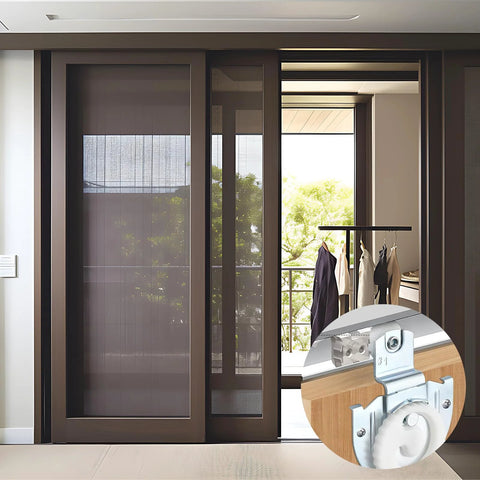 4 Piece Sliding Wardrobe Door Hardware Set Includes Two Dial Adjust Door Hangers Sized 1 And 2, 8 Screws, Durable Galvanized Steel Closet Roller Kit For Smooth, Quiet Sliding Doors And Easy Installation shown installed on wardrobe.