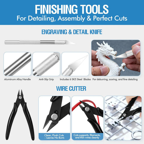 38-piece 3D printer tool kit with metal-handled finishing tools, includes nozzle cleaner and scraper