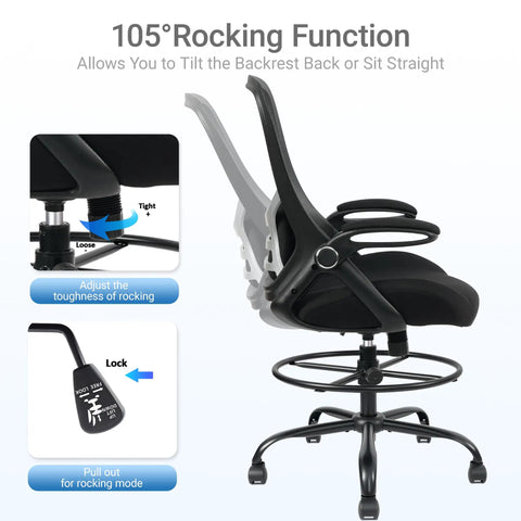 Big And Tall 400 Pound Capacity Heavy Duty Drafting Chair With Ergonomic Comfort, shown with rocking function and adjustable footrest.