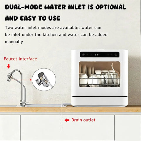 Compact Countertop Dishwasher With Four Smart Wash Cycles And Built In Water Tank Knocks Out Daily Cleanup Zero Hassle LED display with faucet and drain.