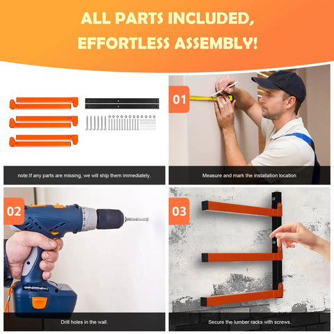 Heavy Duty Wood Organizer Lumber Rack Wall Mount Cantilever Shelves assembly instructions and tools displayed