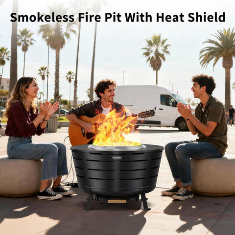 26 Point 5 Inch Smokeless Fire Pit With Stand For Outdoor Hangouts Portable Backyard Bonfire Pit For Patio Camping Includes Removable Ash Pan And Heat Shield Stainless Steel Wood Burning Design with people gathered around