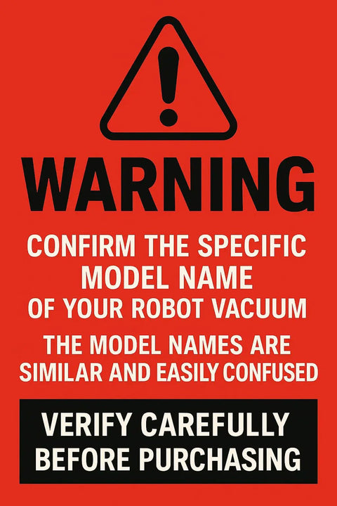 Warning sign urging to confirm model name before purchasing vacuum accessories.
