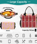 Yellow Insulated Lunch Box With Lightning Bolts Design, Available In Small And Medium, A Handy Workhorse For School Or Work, Durable Nylon Exterior With Pearl Cotton Insulation Keeps Meals Fresh On The Go. Pink lightning-pattern insulated lunch bag, wide opening, shown with food and 16-can capacity.