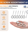 Heavy Duty Zinc Plated Eye Screws For Wood, 3 Inch Robust Threads Hold Fast Like A Champ, 12 Piece Container Of Tough Hardware Eyebolts on hand.