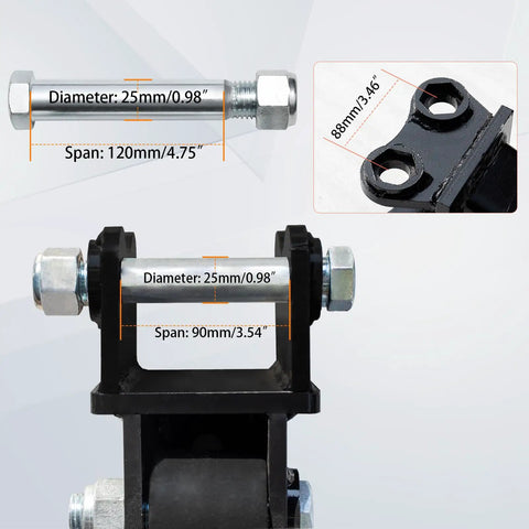 Close-up of 6 Inch Auger Drill for Mini Excavator with 2 hydraulic hoses, detailing bolt dimensions and drill mount connections.