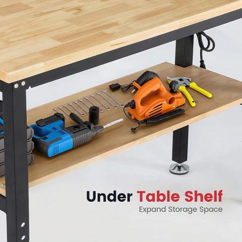 Top Shelf 48 Inch Adjustable Workbench With Thick Rubberwood Top And Knockout Steel Frame Including Pegboard Storage Rack Plus Built In Power Outlet For Weekend Woodworking