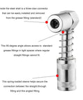90 Degree Grease Coupler Adapter With Sleeve For Tight Spaces shown with three-claw connector and spring-loaded sleeve details