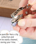 Close-up of 20 Pack One Eighth Inch Circle Hole Punches for Craft Tags and Paper DIY Projects in use, showing scrap collection feature.