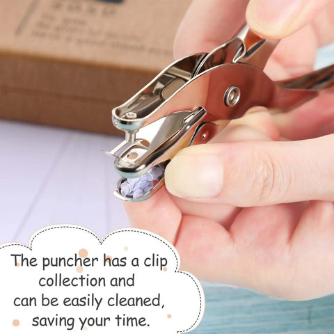 Close-up of 20 Pack One Eighth Inch Circle Hole Punches for Craft Tags and Paper DIY Projects in use, showing scrap collection feature.