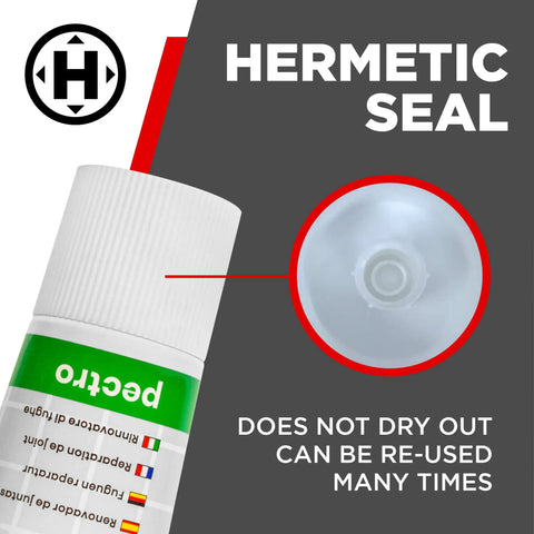 Close-up of hermetic seal on White Tile Grout Repair XL Odorless Fast Drying Grout Filler tube, reusability highlighted.