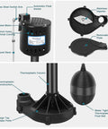 Heavy Duty Thermoplastic Pedestal Sump Pump 1/3 Horsepower 45 Gpm With Automatic Float Switch close-up overview detailing components.
