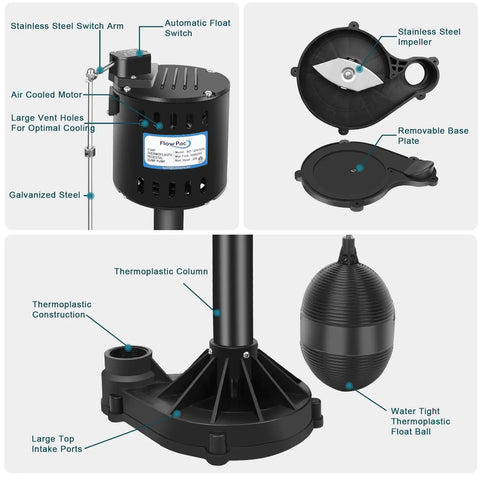 Heavy Duty Thermoplastic Pedestal Sump Pump 1/3 Horsepower 45 Gpm With Automatic Float Switch close-up overview detailing components.