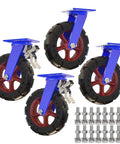Heavy Duty Rubber Caster Wheels Set Of Four With Locking Brakes For Smooth Rolling And Shock Absorbing Ride On Carts Or Heavy Furniture That Handles The Daily Grind Like A Champ And Rolls Without Skipping A Beat, showing blue metal mounts and dense rubber wheels.