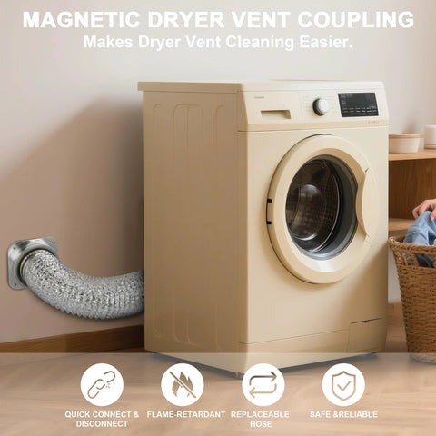 Magnetic dryer vent coupling kit with flexible metal duct attached to wall vent beside beige front-load washer.