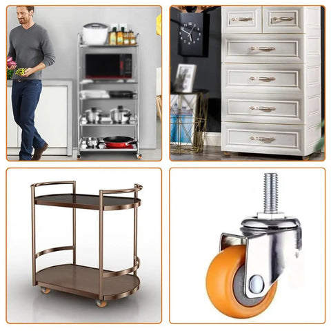 Butter Smooth Rolling Soft Nylon Caster Wheels For Office Gaming And Trolley Chairs With Rock Solid Heavy Duty Threaded Stem Replacement Set Of Five In Burnt Orange Finish on a chrome shelf.
