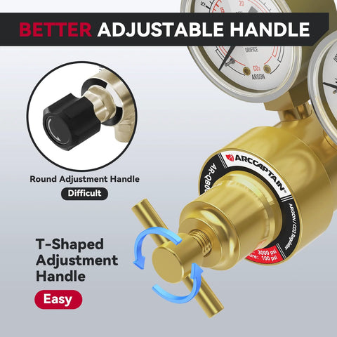 Welding gas regulator with brass body and dual gauges; ARCCAPTAIN, front-right view showing T-shaped adjustment handle.