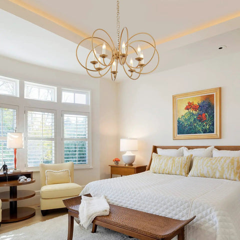 Modern Chandelier With Antique Brass Brush Finish And Geometric Shade, 8 Gold Ring Pendant Light Fixture in bedroom setting