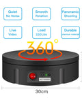 JAYEGT Motorized Rotating Display Stand With Remote Control And 5 Color Backgrounds, Electric Turntable for product photography showing black 30cm base.