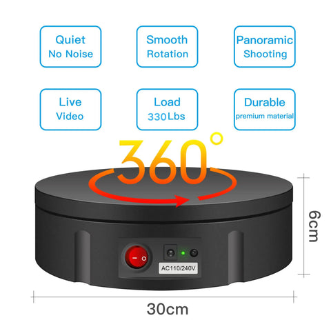 JAYEGT Motorized Rotating Display Stand With Remote Control And 5 Color Backgrounds, Electric Turntable for product photography showing black 30cm base.