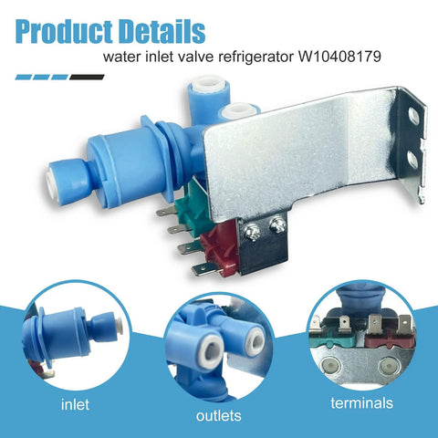 Beefed Up W10408179 Refrigerator Water Inlet Valve Replacement With 3 Water Lines One Inlet And Two Outlets For Whirlpool Kenmore Maytag Amana KitchenAid Ikea Refrigerators, blue plastic and metal