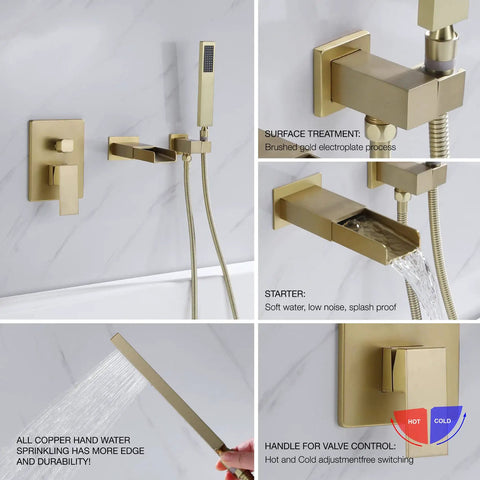 Brushed Gold Wall Mount Tub Faucet with Handheld Sprayer and Hand Shower, Single-Handle Tub Filler, 3-Hole Design