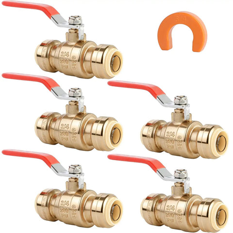 Three Quarter Inch Push To Connect Ball Valve Pack Of 5, No Tools Needed, Full Port Water Shut Off Valve With Disconnect Clip, Push Fit For Copper CPVC PE-RT And PEX Pipe, UPC Certified, Easy Quick Install