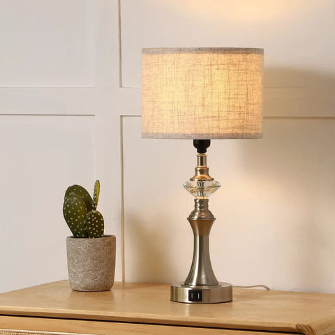 Bedside Table Lamp With Two USB Ports And Three Way Dimmable Touch Control, Crystal Accent Table Lamp With Fabric Shade, 19.3x9.8 In