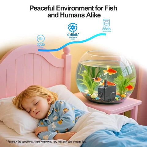 320 GPH Submersible Water Pump For Aquarium Pond And Hydroponics Quiet Energy Efficient on nightstand with fish tank