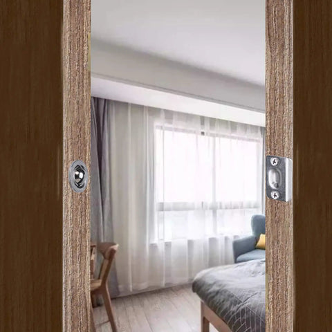 2 Pack Closet Door Ball Catch Hardware, Stainless Steel Adjustable With Strike Plate installed on wood door frame