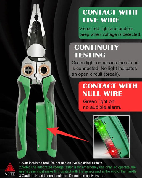 8 In 1 Wire Stripper With Voltage Tester And Multi Function Electric Pliers, green handle, showing live and null wire indicators