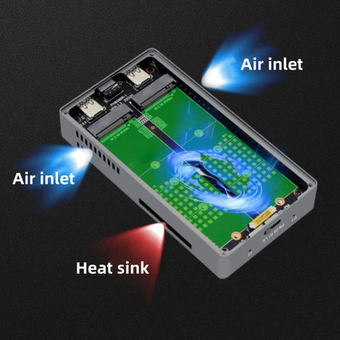 Slick Aluminum M.2 NVMe SSD RAID Enclosure with visible air inlets and heat sink for cooling efficiency and performance.