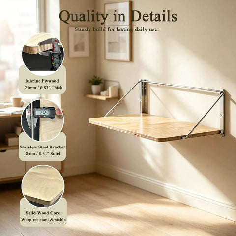 Solid Wood Wall Mounted Folding Table Boss Grade With Heavy Duty Metal Brackets And Hanging Organizer Shelf Thirty One And A Half Inch Wall Cubicle Shelf With Hooks Wooden Bookshelf For Bedroom Living Room And Office
