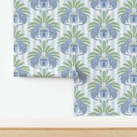 Top Shelf PVC Free Preppy Wallpaper With Heavy Duty Matte Linen Texture Ideal For Busy Homes Or Tight Offices, featuring blue leopards and greenery.
