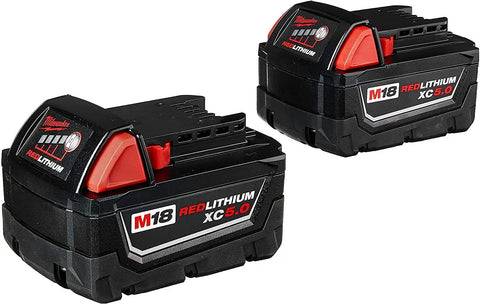 Two Pack 5.0Ah 18V M18 Battery Set For Heavy Duty Projects, 20 Percent More Power And 2.5x Runtime, shown from side angle