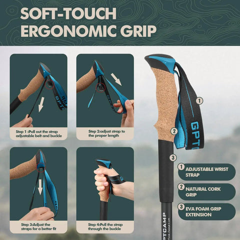Ultralight Collapsible Trekking Poles For Hiking, showing EVA foam grips and adjustable wrist strap.