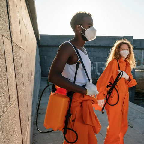 Two people in protective gear walking with backpack sprayers, demonstrating use of Backpack Sprayer Replacement Filter, 5.7 Inch Fine Mesh Strainer For Agricultural Knapsack Sprayers, Fits Barrel Mouths, Keeps Nozzle Protected And Spray Uniform, Enhances Crop Coverage outdoors.