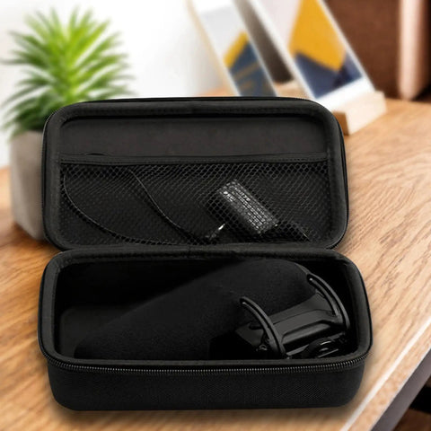 Inside view of Road Warrior Microphone Case For Sm7b And Mv7 Podcast Mic showing secure compartments for equipment.