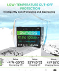 Compact Twelve Point Eight Volt 100Ah LiFePO4 Battery Mini Group 24 With 100A BMS Low Temp Protection on snowy backdrop