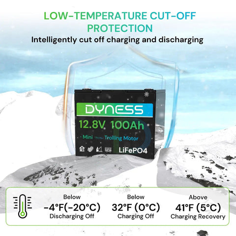 12V 100Ah Mini LiFePO4 Battery Pack with low-temperature protection features against snowy mountain backdrop