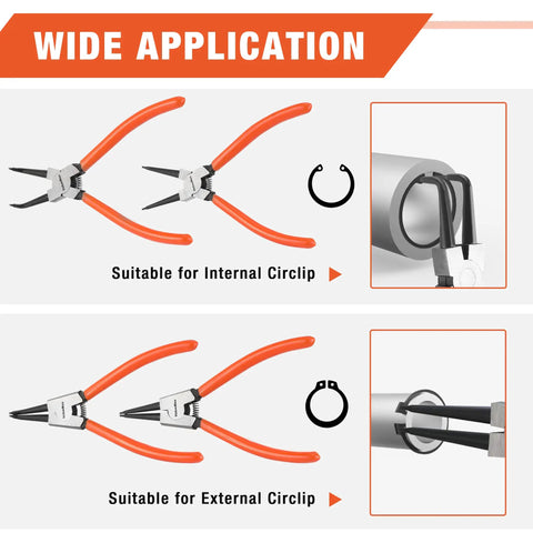 Heavy Duty Snap Ring Pliers Set Four Piece Kit For Internal And External C Clip Rings With Straight And Bent Jaws