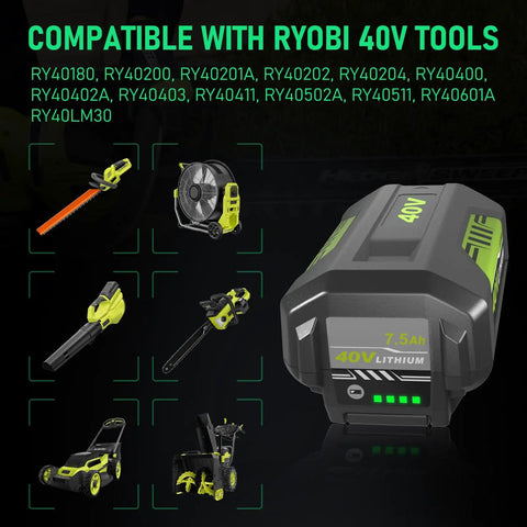 40V Lithium Battery Replacement 7500mAh High Capacity for Cordless Tools with compatible devices.