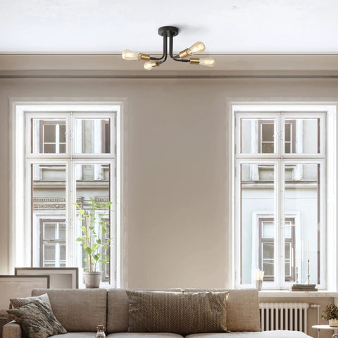 4 Light Adjustable Socket Semi Flush Mount Ceiling Light In Matte Black With Matte Brass Accents Exposed E26 Base Pivot Joints Industrial Sputnik Style Fixture For Modern Living Rooms And Hallways above sofa