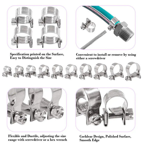 12Pcs 14mm-16mm 304 Stainless Steel Mini Fuel Injection Line Style Hose Clamp Set For Autos, Farming Rigs, Plant Setups, And Construction Gigs - Adjustable, Reusable, Easy To Use Screw Clamp displayed in various angles and uses.