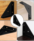 Rock Solid Triangle Shelf Brackets 90 Degree Corner Support with slick black finish mounted on various surfaces.