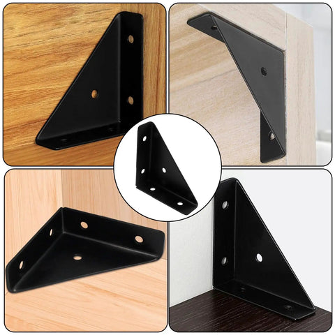 Rock Solid Triangle Shelf Brackets 90 Degree Corner Support with slick black finish mounted on various surfaces.