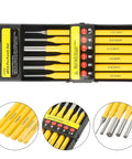 Woodworking Drive Punch Kit With Six Sizes Of Cone And Center Punches Rust Resistant Steel in black and yellow case