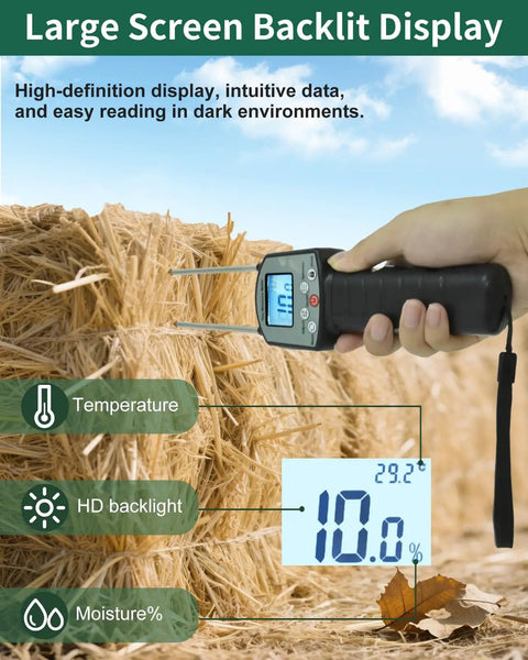 Portable Hay Moisture Meter With Dual Probe Forage Tester Fast Accurate Readings From 0 To 80 Percent With Auto Temperature Compensation Great For Alfalfa Orchard Grass And Bales Helps You Nail Harvest Timing And Safe Stocking, hand-held over hay bale