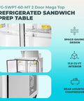 Heavy Duty Workhorse 60 Inch Commercial Refrigerated Sandwich Prep Table Built Tough Stainless Steel with two doors.