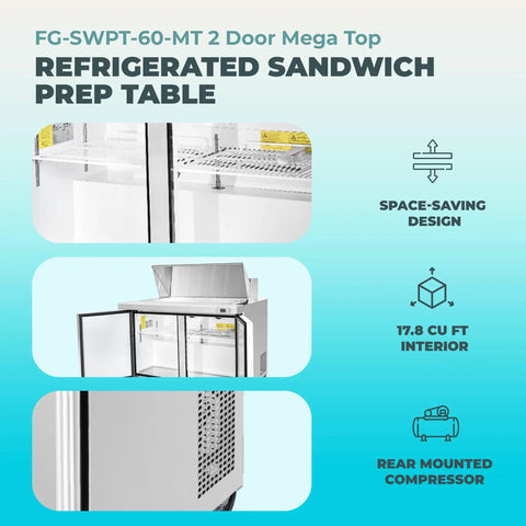 Heavy Duty Workhorse 60 Inch Commercial Refrigerated Sandwich Prep Table Built Tough Stainless Steel with two doors.
